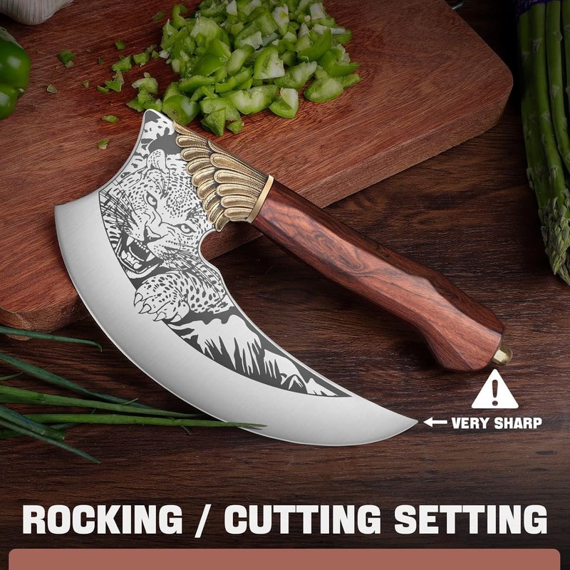 Tivoli Ulu Knife 9-inch Pizza Cutter Axe, Viking Butcher Cleaver Knife, German 1.4116 Super Steel Rose Wooden Handle with Sheath & Box, Mincing Meat Vegetable Rocking Knives Birthday Gift Men Women - Image 4
